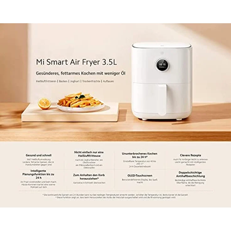Xiaomi Mi Smart Air Fryer 3,5L Heißluftfritteuse mit OLED Display & optionaler iOS/Android Mi Home App, 1.500 W, 3,5 Liter, 40°-200°C, Timerfunktion, spülmaschinenfest, Google Assistant kompatibel – Bild 3