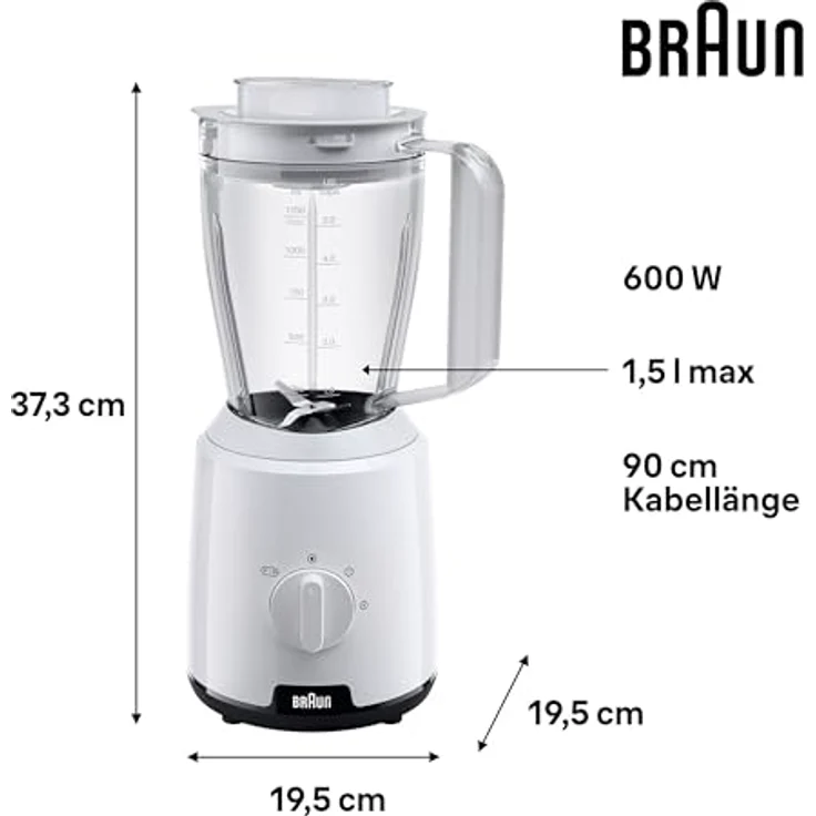 Braun PowerBlend 1 JB1000 Standmixer, 600 Watt, 1,5 Liter, 2 Geschwindigkeiten, weiß – Bild 3