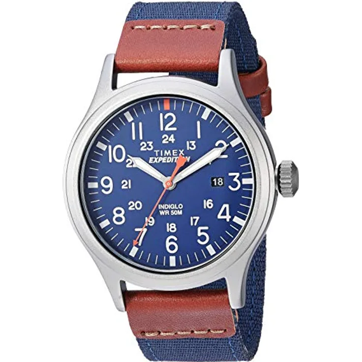 Timex Herren Armbanduhr TW4B141009J, blaues Nylonband mit braunem Echtlederbesatz, 40 mm Gehäuse, Indiglo Leuchtzifferblatt
