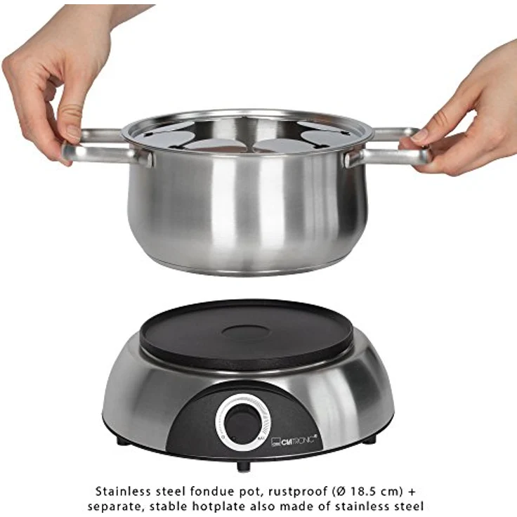 Clatronic FD 3783 elektrischer Fonduetopf, Topf mit abnehmbaren Spritzschutz, Fondue-Set für 8 Personen mit Edelstahl Fondue-Gabeln, farblich markiert, Füllmenge max. 1,2 Liter/1400 Watt, edelstahl – Bild 4