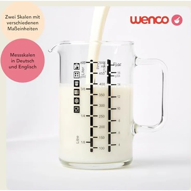 wenco Glas-Messbecher 500 ml, hitzebeständig, mit zwei Skalen in verschiedenen Maßeinheiten, transparent, spülmaschinengeeignet – Bild 3