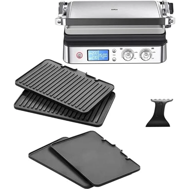Braun MultiGrill 9 CG 9043 Kontaktgrill inkl. Grill- und Flachplatten, Grillpositionen: Kontakt, BBQ, Ofen, Spülmaschinenfeste Platten, Fettauffangschale, 250° Höchsttemperatur, Sear-Funktion (Boost), Schwarz/Edelstahl – Bild 1