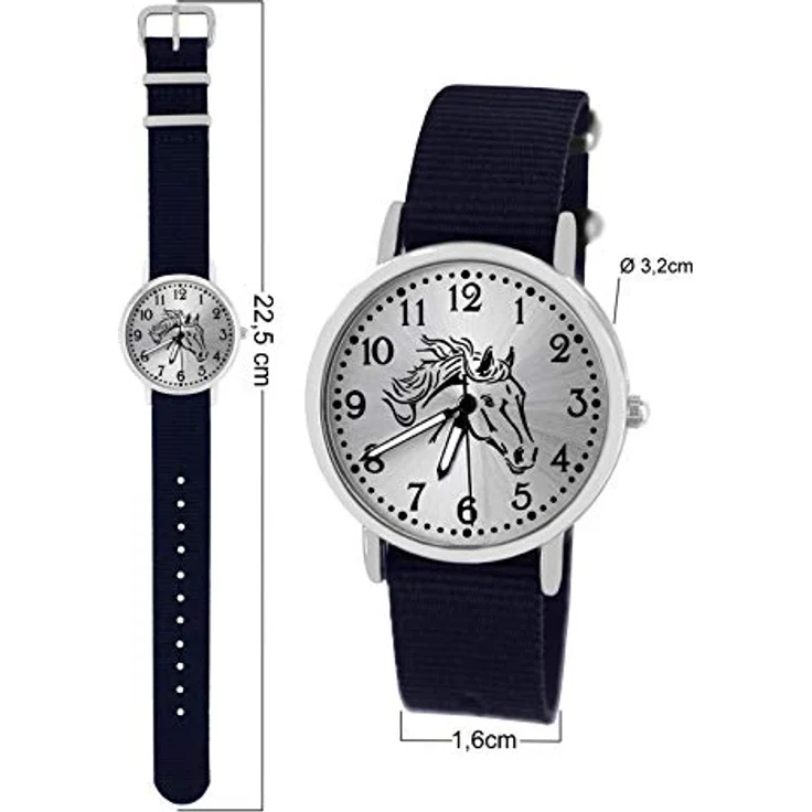 Pacific Time Mädchen Armbanduhr, Pferdemotiv analog Quarz mit blauem Textilarmband, 3,2 cm Gehäuse, leuchtende Zeiger, 11-fach verstellbar – Bild 5