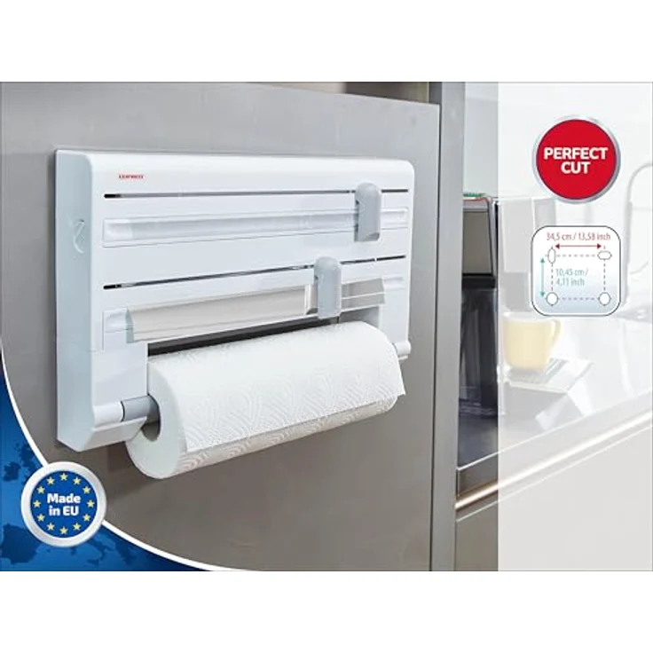 Leifheit Wandrollenhalter Parat ComfortLine-Serie für 3 Rollen, saubere Schnittkanten durch praktischen Schneidabroller, Küchenrollenhalter mit Folienschneider sorgt für griffbereite Folien-Enden – Bild 2