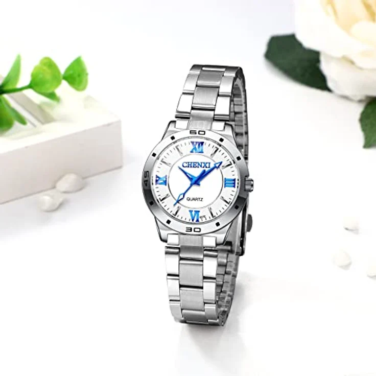 JewelryWe Damen Analog Quarz Uhr, 30M wasserdicht, Edelstahlarmband, römische Ziffern, weiße Leuchtzeiger, inkl. Uhrenwerkzeug – Bild 3