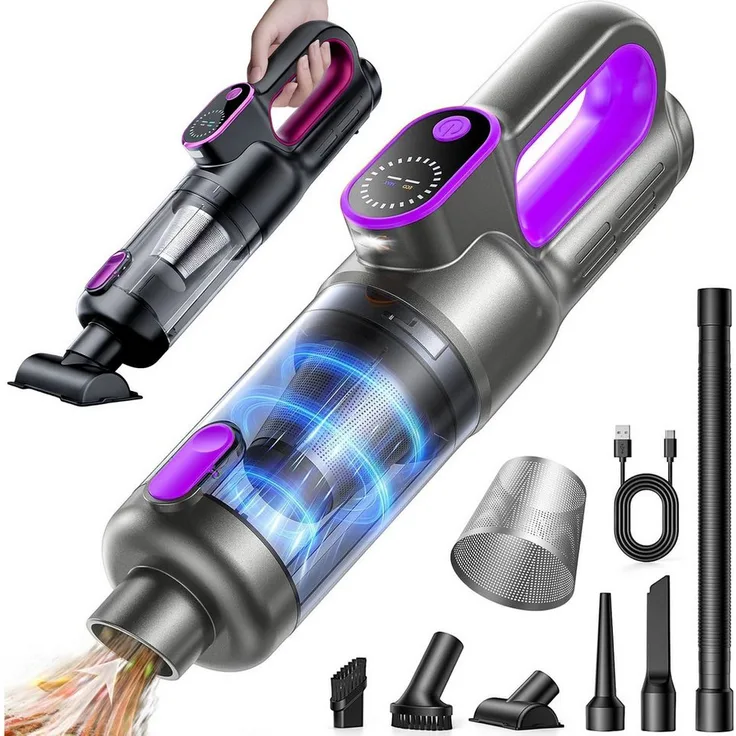 AKKEE Akku-Handstaubsauger Kabellos, Kompakter 65 W Sauger mit Bürstenlosem Motor, HEPA-Filter und 2-in-1 Funktion, Schwarz/Lila