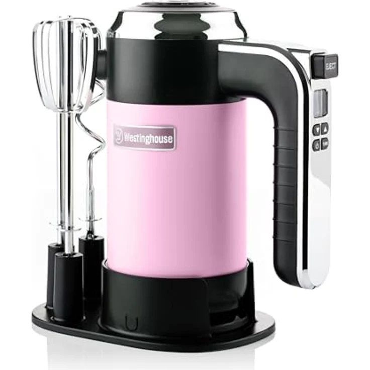 Westinghouse Retro Handmixer, 5 Geschwindigkeitsstufen + Turbofunktion, 2 Rührbesen, 2 Knethaken, LCD-Anzeige, Timer, Sockelboden, Aufbewahrungstasche, 350 Watt, pink – Bild 1