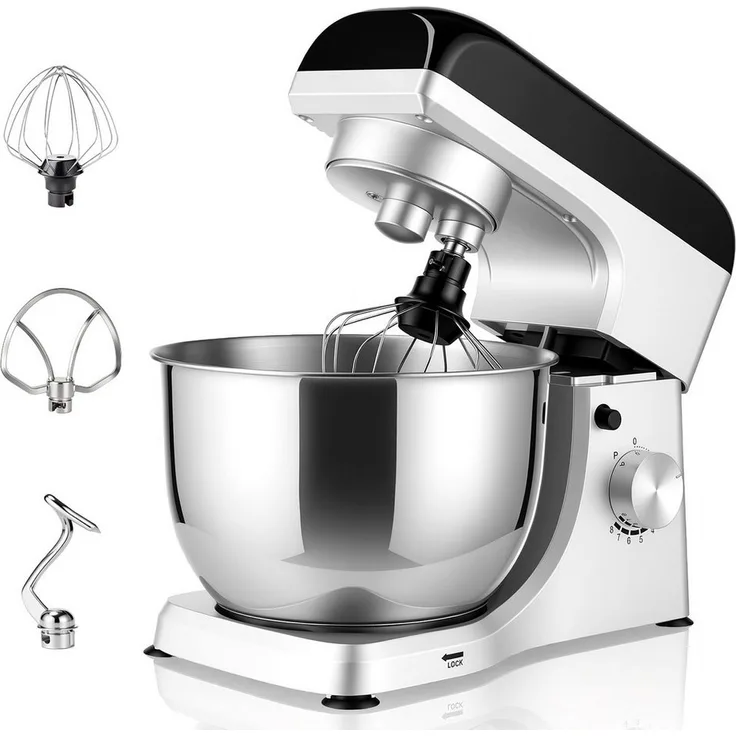 oyajia SM-1521X Küchenmaschine, 1000 W, 5,5 l Edelstahl Schüssel, stufenloser Geschwindigkeitsregler, Metallgehäuse, inkl. 3-teiligem Patisserie-Set und Spritzschutz