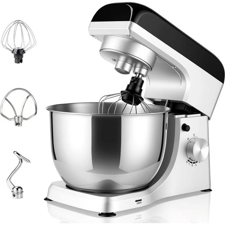 oyajia SM-1521X Küchenmaschine, 1000 W, 5,5 l Edelstahl Schüssel, stufenloser Geschwindigkeitsregler, Metallgehäuse, inkl. 3-teiligem Patisserie-Set und Spritzschutz