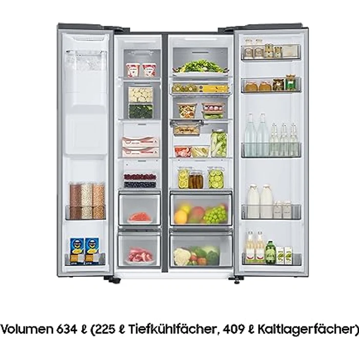 Samsung RS6GCG885DS9EG Side by Side Kühlschrank, 178 cm, 634 ℓ Gesamtvolumen, 225 ℓ Gefrierteil, AI Energy Mode, Wasser- und Eisspender, Frischwasseranschluss, Edelstahl Look – Bild 4
