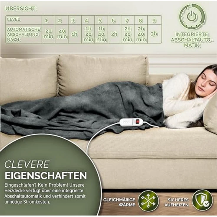 sinnlein Heizdecke aus Plüsch 160 x 120 cm grau elektrische Wärmedecke mit Abschaltautomatik und Timer 9 Temperaturstufen waschbar – Bild 6