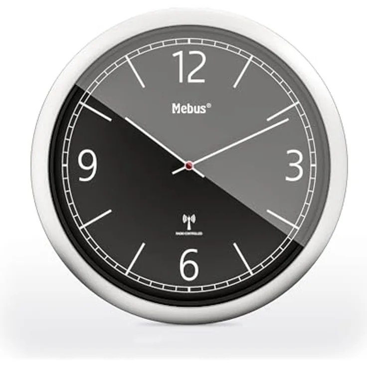 Mebus Funk-Wanduhr, 26 cm, lautlos, klares Design, silberner Rahmen, schwarzes Zifferblatt, Modell 19813 - Modern und präzise