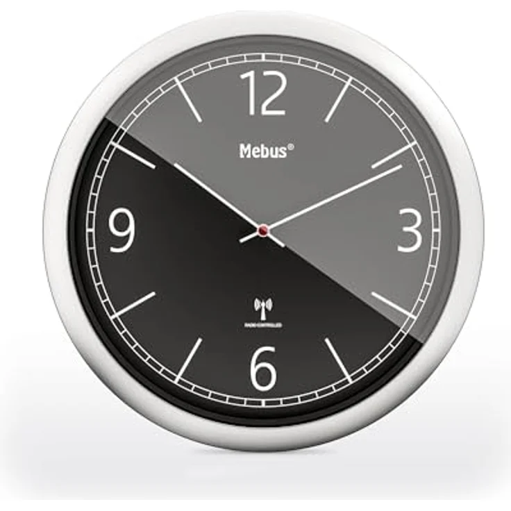 Mebus Funk-Wanduhr, 26 cm, lautlos, klares Design, silberner Rahmen, schwarzes Zifferblatt, Modell 19813 - Modern und präzise – Bild 1