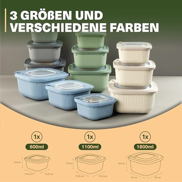 VIWARES Frischhaltedosen 3er Set mit transparentem Ventildeckel, stapelbare Aufbewahrungsbehälter, BPA-frei, mikrowellen- und kühlschrankgeeignet, 3 Größen (600ml/1100ml/1800ml) – Bild 2