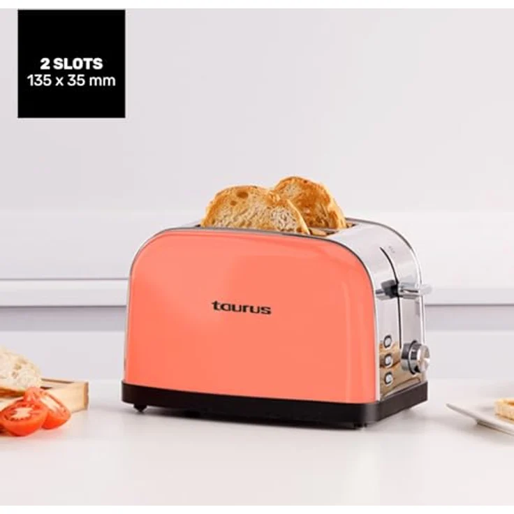 Taurus Toaster Vintage II Coral, 950 W, 2 Schlitze, 7 Bräunungsstufen, Edelstahlgehäuse, selbstzentrierend, Krümelschublade, Kabelaufwicklung – Bild 5