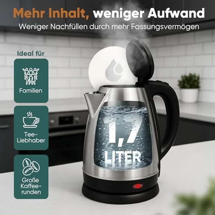 Clatronic WKS 3830, Wasserkocher Edelstahl 1,7 Liter, BPA-frei, 2200W, verdecktes Heizelement, Kabelaufwicklung – Bild 2