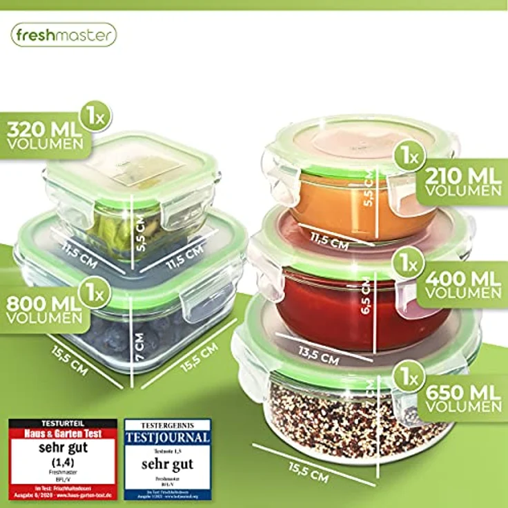 Fresh Master Frischhaltedose Glas Set - 100% auslaufsichere + luftdichte Vorratsdosen - BPA frei - Spülmaschinenfest - Geeignet für Mikrowelle, Backofen und Gefrierschrank (18 teilig) – Bild 3