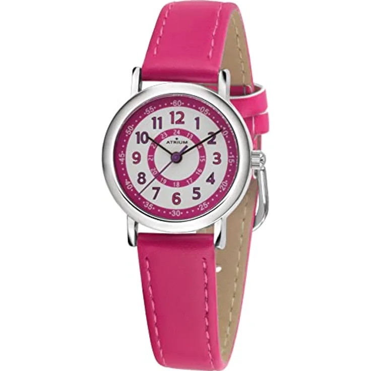 Atrium Kinder-Armbanduhr Mädchen Analog Quarz 5 Bar Metall Lederimitat A31-101 in kräftigem Pink