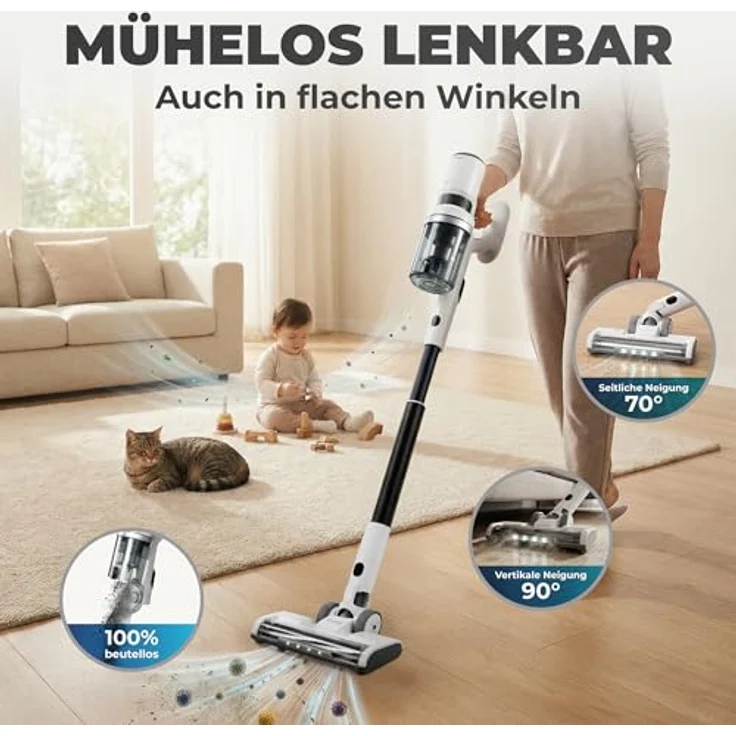KLAMER 2-in-1 Akku Staubsauger, kabellos mit bis zu 60 min Akkulaufzeit, Saugkraft 460 W, inkl. Polster- und Fugendüse, für Teppich, Auto und Hartböden – Bild 5