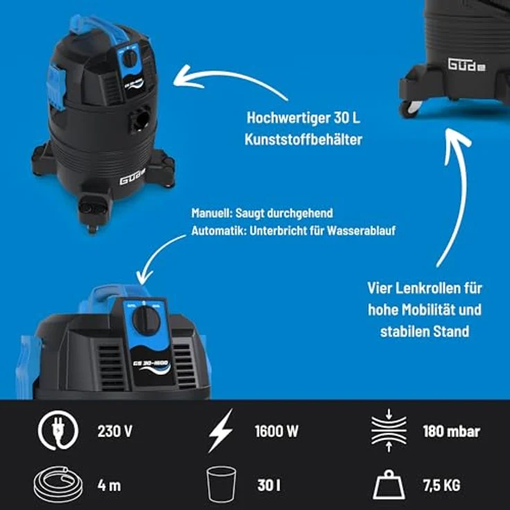 Güde GS 30-1600 3 in 1 Schlammsauger, 1600 Watt, 30 Liter Behälter, 4 Meter Saugschlauch, für Teich- und Poolreinigung – Bild 3