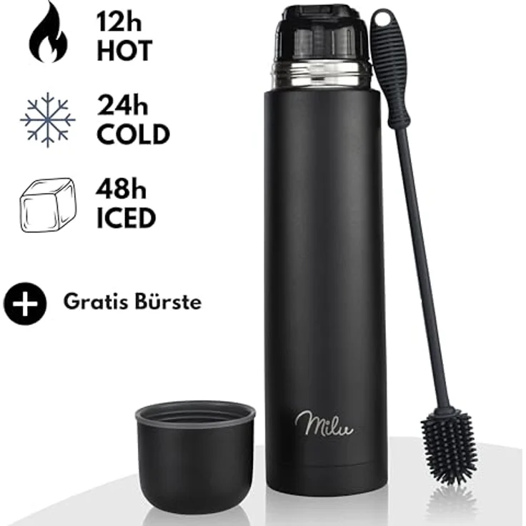 Milu Thermoskanne 1000ml + Silikon Reinigungsbürste Farbe: Schwarz – Bild 4