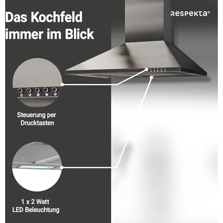 Respekta CH 22058 IX-B Wandhaube, B, Abluft und Umluft, Wand- oder Schrankmontage, Breite 60 cm, 3 Gebläsestufen – Bild 4