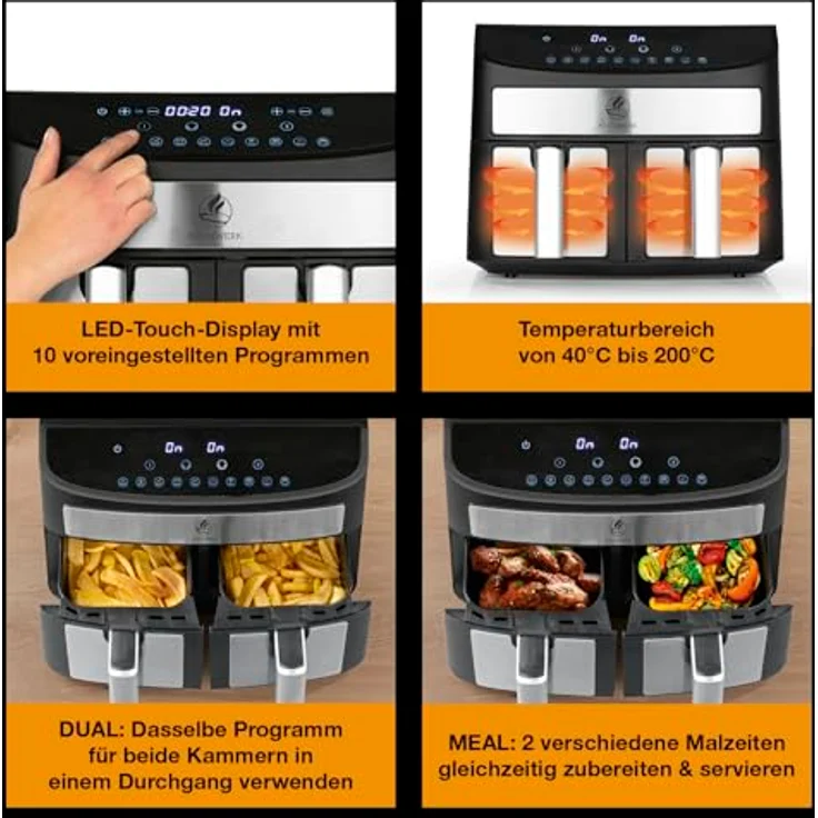 KOCHWERK Doppelkammer Heißluftfritteuse 7 L | Digitaler Edelstahl Airfryer mit Touchscreen & 10 Programmen | Frittieren von Speisen ohne Öl - fettarm | Smart-Cook Funktion | 2400 W – Bild 5