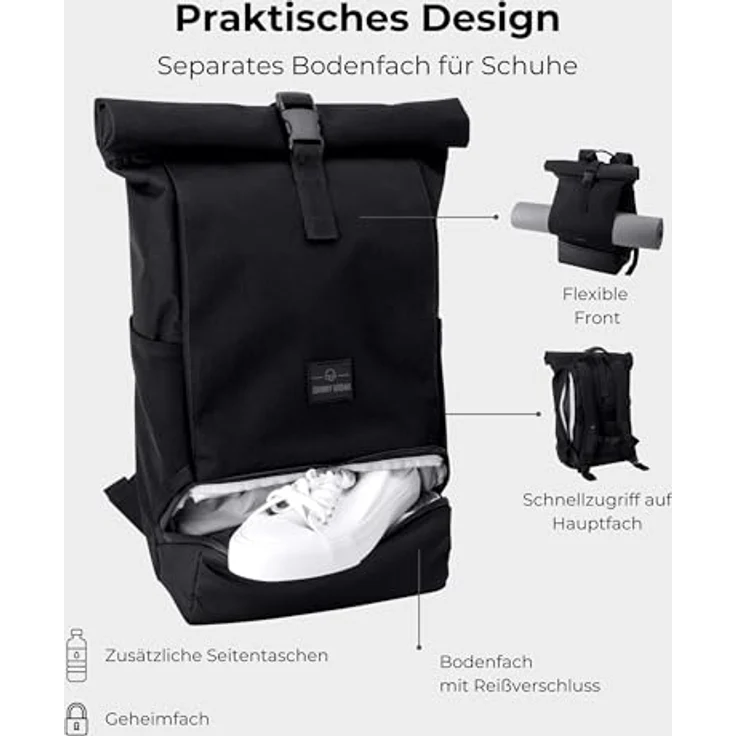 Johnny Urban Cityrucksack Allen Medium, Rolltop Damen Herren, Laptop Fach (1-tlg), Wasserabweisend, Schwarz – Bild 5