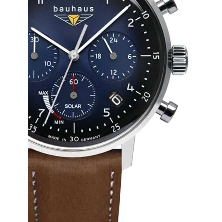 Bauhaus Herrenuhr Solar Chronograph 2086-3, Edelstahlgehäuse, dunkelblaues Zifferblatt, braunes Lederband, 5 ATM wassergeschützt – Bild 2