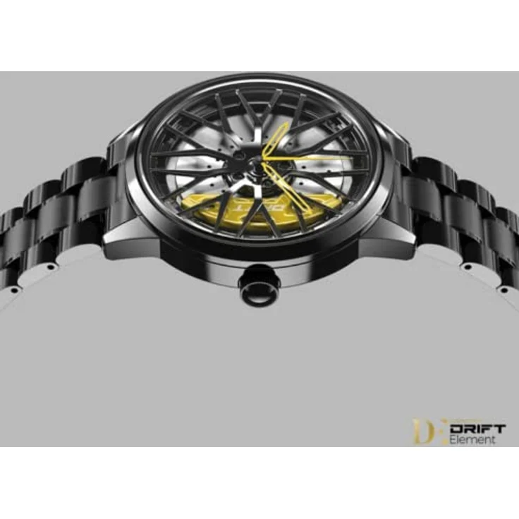 DriftElement Motorsport Felgenuhr Herren - Sportwagen Männer Armbanduhr im 3D Design der Sternspeichen M8 Felge aus Edelstahl - Custom Designer Uhr mit Mineralglas, glänzendes schwarzes Gehäuse, Japanisches Seiko Epson Y121 Quarzuhrwerk, 3 ATM Wasserdicht, Hochwertiges Edelstahl-Armband, Schmetterlingsverschluss, Mehrfarbig Zeiger – Bild 5