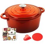 Overmont Kasserollen Bräter Ø 26 cm Schmortopf Emaille Gusseisen mit Deckel Kochbuch für Küche Backen Schmoren Braten Eintöpfen Orange