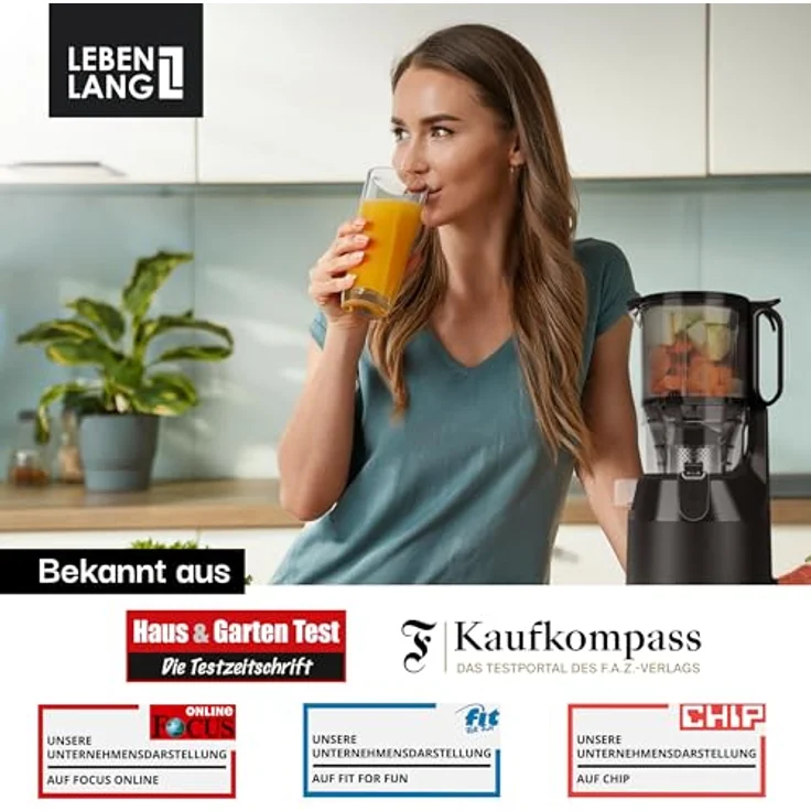 Leben Lang Slow Juicer, Entsafter mit großer Einfüllöffnung für ganze Früchte und Gemüse, inklusive Rezepte im E-Book – Bild 6