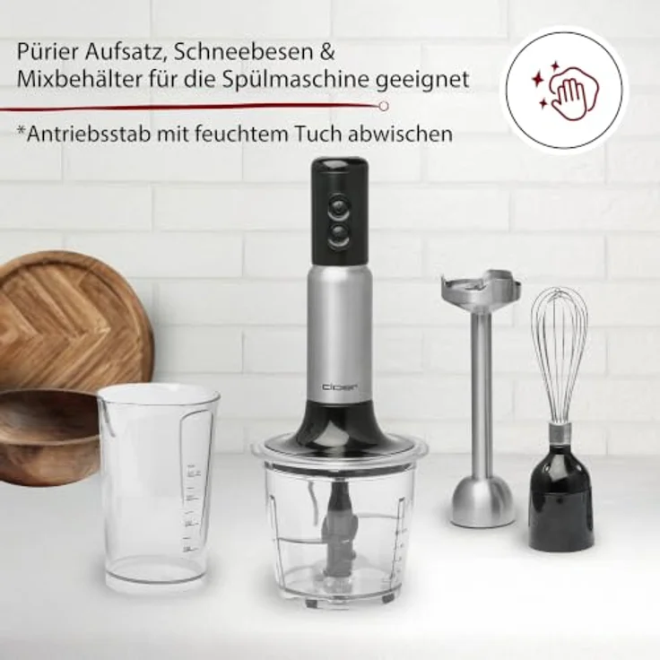 Cloer SB3010 Stabmixer 4-in-1 mit Pürierstab, Zerkleinerer & Schneebesen, 10 Geschwindigkeitsstufen, 700 Watt, Edelstahlgehäuse, spülmaschinengeeignet – Bild 4