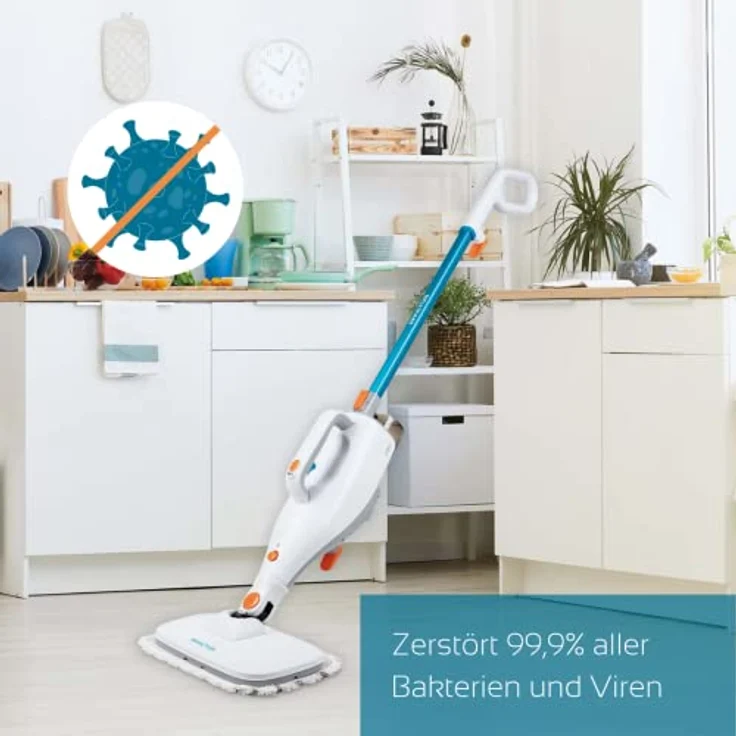 Genius Invictus Dampfreiniger Set 15-TLG, entfernt 99,9% aller Bakterien und Viren, 5m Kabellänge, für Hartböden, Fliesen, Teppiche, inklusive 2 Dampfstufen und Zubehör-Set – Bild 2