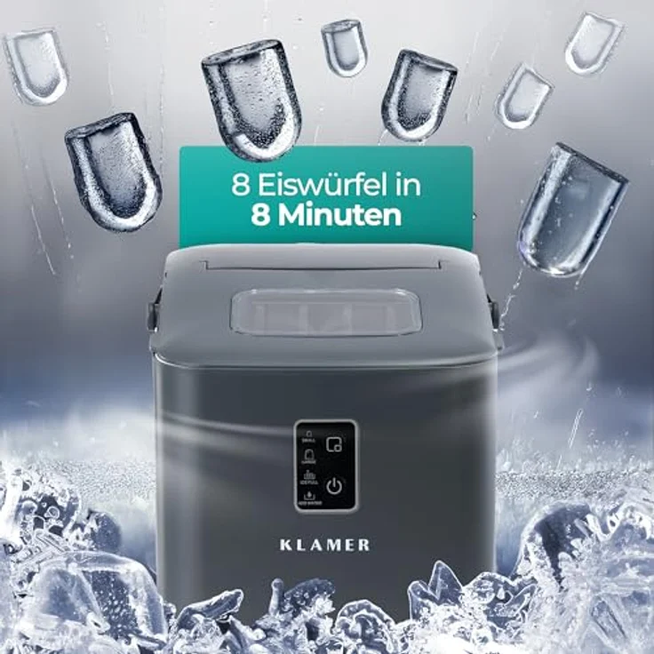 KLAMER Eiswürfelmaschine klein (2025), 8 Eiswürfel in 8 Minuten, 11 kg Eis pro Tag, 2 Größen, 1 L Wassertank, Geräuscharm, mit Eisschaufel und Tragegriff – Bild 3