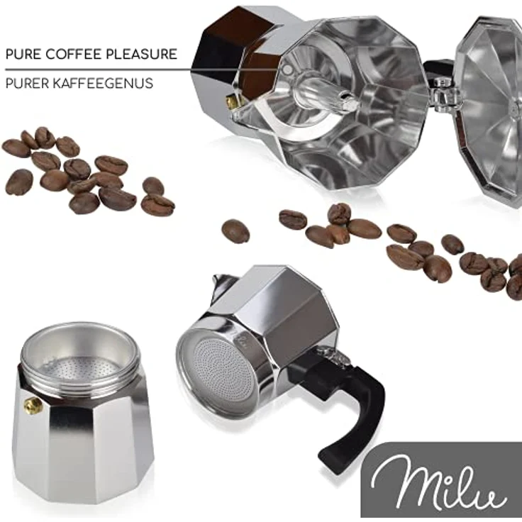 Milu Espressokocher (No Induktion) | 2, 3, 6, 9 Tassen| Aluminium Mokkakanne, Espressokanne, Espresso Maker Set inkl. Untersetzer, Löffel, Bürste (Aluminium, 2 Tassen (100ml) – Bild 4