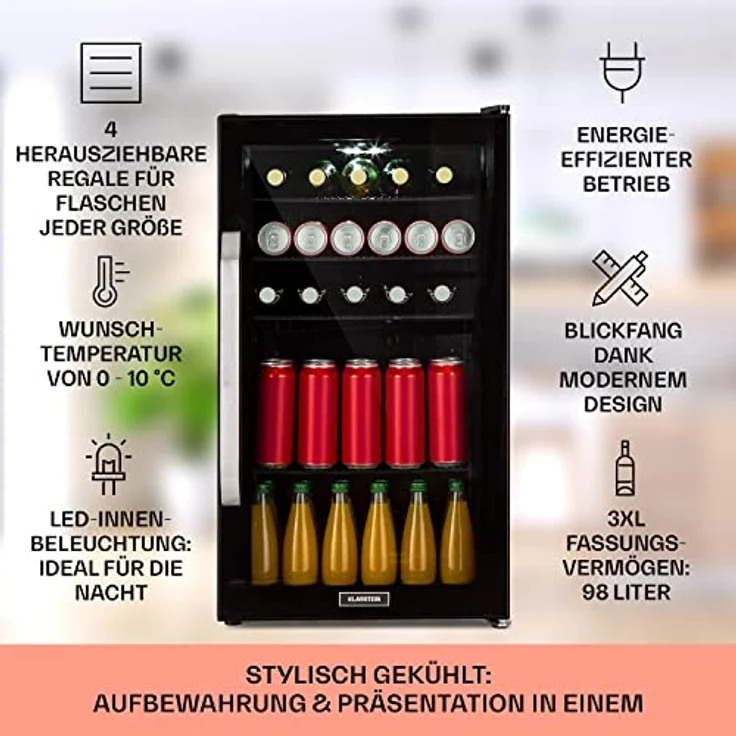 Klarstein Mini Kühlschrank mit Glastür, Getränkekühlschrank 98 Liter, Leise und Platzsparend, Gebürsteter Edelstahl – Bild 2