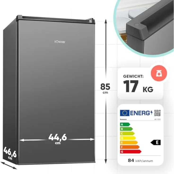 Bomann KS 7257, Kühlschrank klein mit Gefrierfach, 83L, temperaturregelbar von 0°C bis +8°C, grau, 2 Ablagen & 3 Türablagen – Bild 7