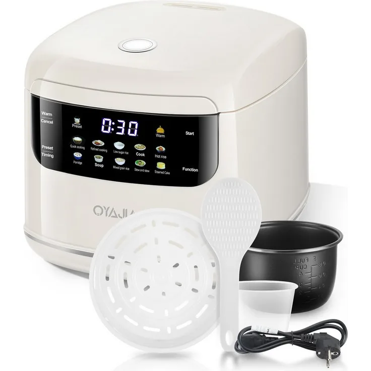 oyajia Reiskocher 2L, Rice Cooker mit Low Carb Funktion, Dampfgarer, 400 W, 10 in 1, 24h Timer, 8h Warmhaltefunktion, Weiß