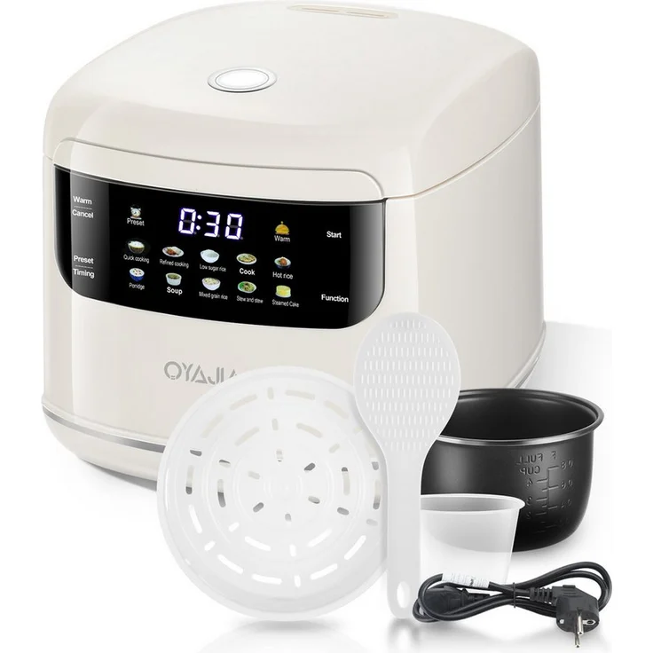 oyajia Reiskocher 2L, Rice Cooker mit Low Carb Funktion, Dampfgarer, 400 W, 10 in 1, 24h Timer, 8h Warmhaltefunktion, Weiß