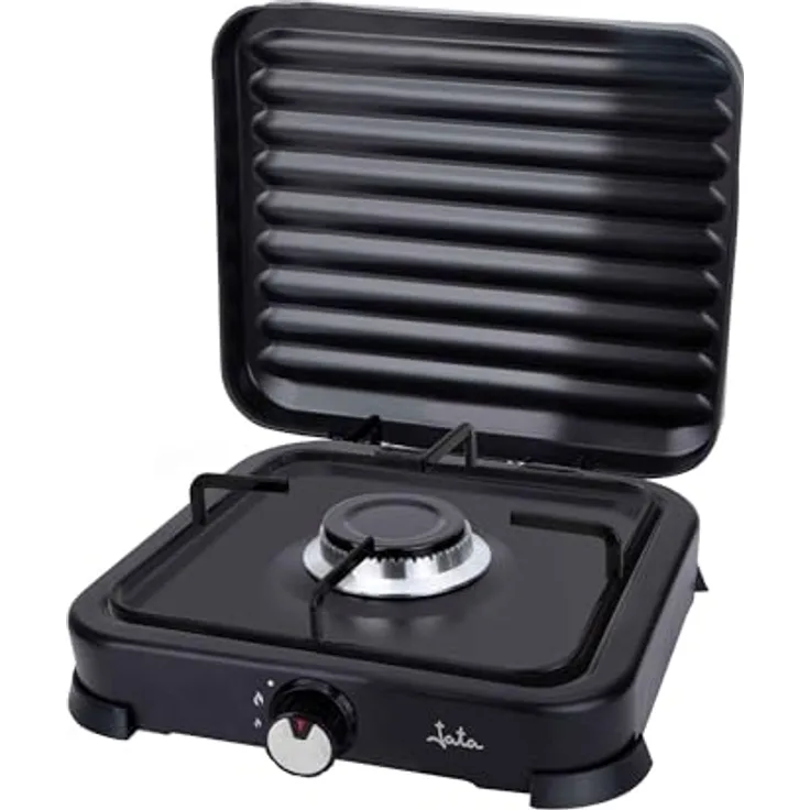 JATA JECG2721, Gaskochfeld mit 1 Kochzone, elegante schwarz Gusseisen Arbeitsplatte, Drehregler