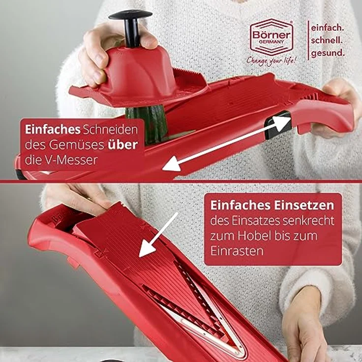 Börner V5 PowerLine Gemüsehobel Plus Set (7-tlg.) • Gemüseschneider (V-Hobel) für Obst & Gemüse + extra viel Zubehör • 8 Schnittarten • Küchenhobel-Set (Rot) - Preisvergleich – Bild 5