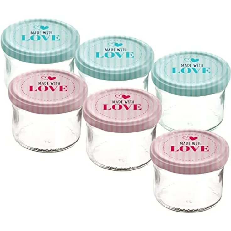 Spetebo Marmeladenglas 6er Set mit bedrucktem Metall Deckel, rosa und grün, 230 ml, spülmaschinengeeignet