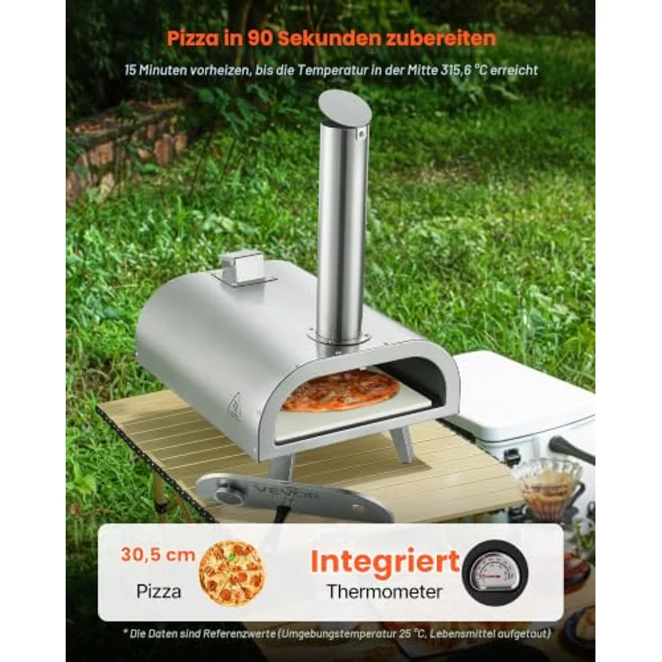 VEVOR 12 Zoll Pellet-Pizzaofen, tragbarer Outdoor-Pizzaofen mit eingebautem Thermometer, Pizzastein, Schaufel und Tragetasche, Edelstahl silber, für Garten und Camping – Bild 2