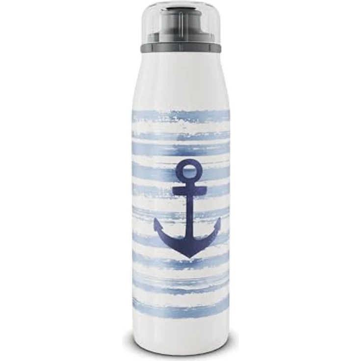 alfi KIDS ISO BOTTLE 500ml, Blau Weiß Anker, Isoliertrinkflasche Kinder Edelstahl, dicht mit Drehverschluss, hält 12 Std. heiß, 24 Std. kalt, für Kohlensäure, BPA-frei – Bild 1