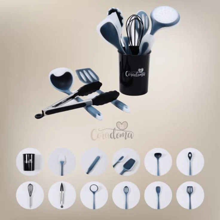 Coradoma Silikon Geschirrset Küche | Küchenutensilien 12-teilig Küchenhelfer Set mit Pfannenwender, Schneebesen, Kochlöffel, Suppenkelle | Kochbesteck Kochgeschirr Haushaltshelfer Küchenzubehör – Bild 2