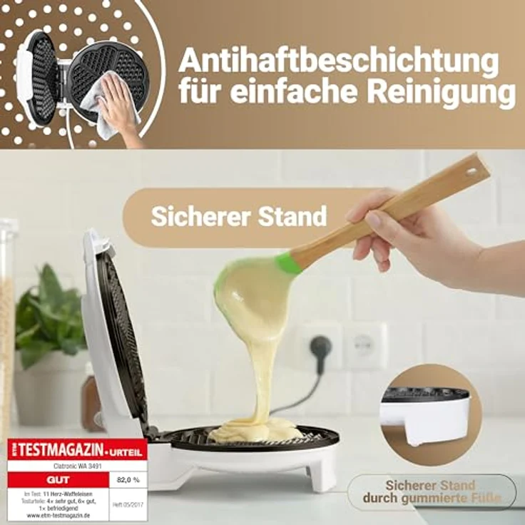 Clatronic WA 3491 Waffelautomat, 1200 Watt, Stufenlos regelbarer Bräunungsgrad, Große Backflächen Ø 18 cm antihaftbeschichtet, Weiß – Bild 2