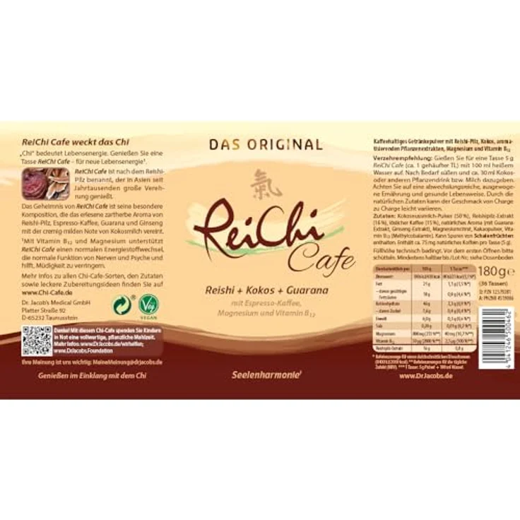 Dr. Jacob's Reichi Cafe Pulver 180 g, exotisch-cremiger Kaffee mit Reishi-Pilz, Kokos, Vitamin B12 & Magnesium, vegan, ohne Zucker – Bild 2