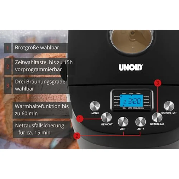 Unold Backmeister Big Black Brotbackautomat, 850W, 15 Backprogramme, 3 Bräunungsgrade, Kunststoff, schwarz – Bild 3