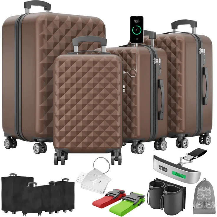 Onbest Kofferset 4er Hartschalen Trolley PREMIUM S-M-L-XL, TSA-Schloss, USB-C Anschluss, inkl. Zubehör, Schwarz